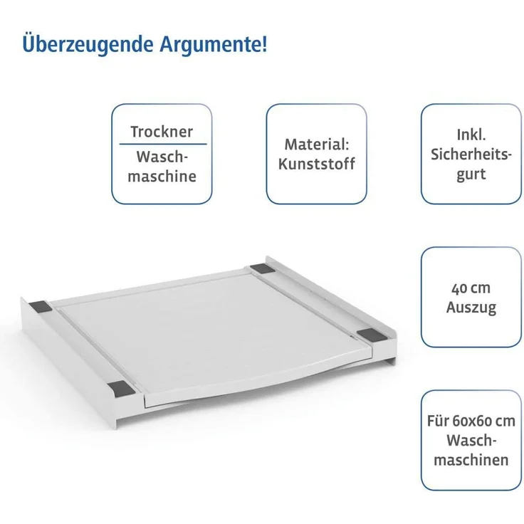 Xavax Zwischenbaurahmen mit Ausziehplatte (Verbindungsrahmen für Waschmaschine und Trockner, Zwischenbausatz mit Auszug als Ablage für Wäschekorb, inkl. Zurrgurt) weiß – Bild 3