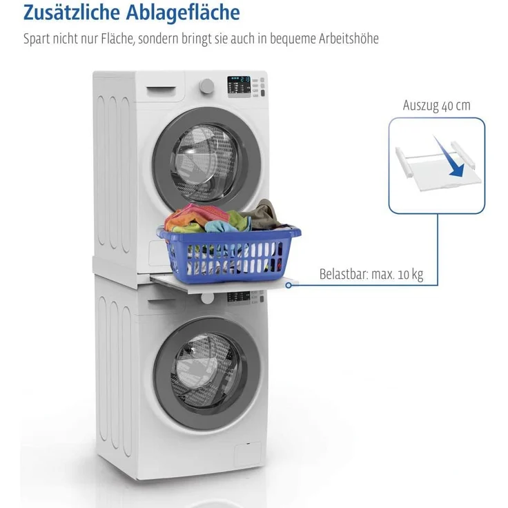 Xavax Zwischenbaurahmen mit Ausziehplatte (Verbindungsrahmen für Waschmaschine und Trockner, Zwischenbausatz mit Auszug als Ablage für Wäschekorb, inkl. Zurrgurt) weiß – Bild 6