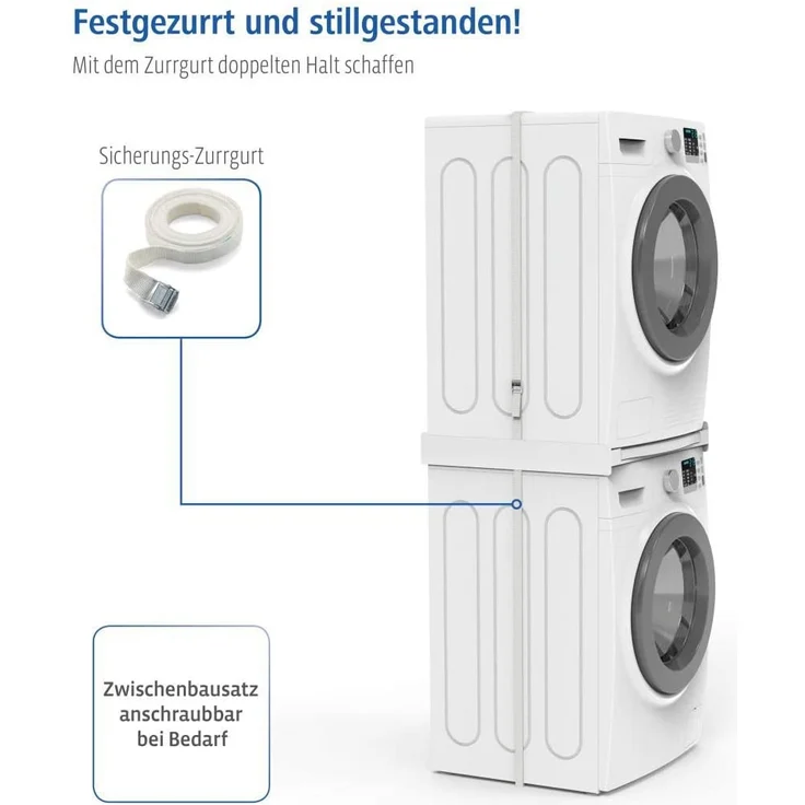 Xavax Zwischenbaurahmen mit Ausziehplatte (Verbindungsrahmen für Waschmaschine und Trockner, Zwischenbausatz mit Auszug als Ablage für Wäschekorb, inkl. Zurrgurt) weiß – Bild 5
