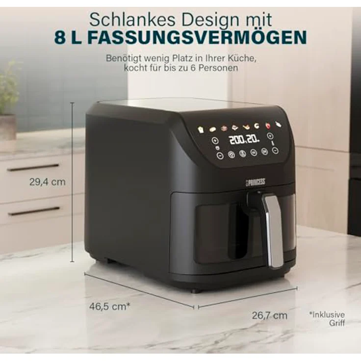 Princess 8L SlimFry Heißluftfritteuse 182258.01, fettfreie Kochtechnologie, 8 Programme, transparentes Sichtfenster, 2000 W, Schwarz – Bild 2