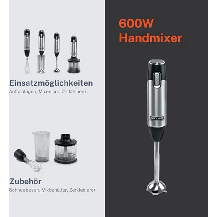 Muse StabmixerSet MS05 HB, 600 Watt Stabmixer mit Mixstab und Schlagscheibe, Edelstahl Schwarz, 500-600 ml – Bild 3
