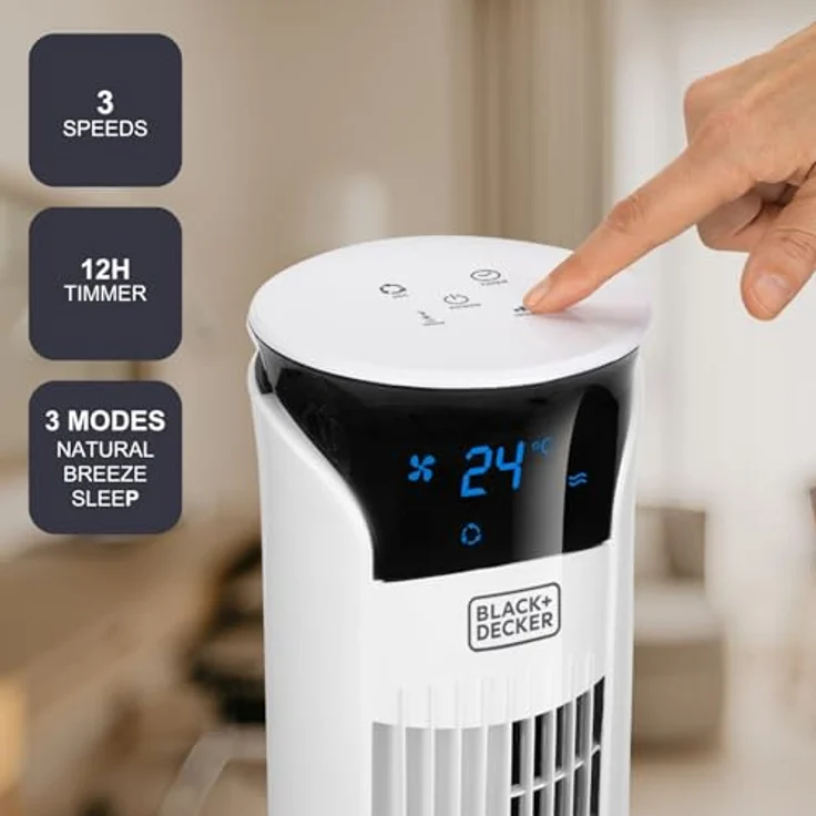 Black + Decker BXEFT48E - Digitaler oszillierender Turmventilator mit Fernbedienung, 81 cm hoch, 3 Geschwindigkeitsstufen, 3 Modi, Zeitschaltuhr 12 h, Leistungsstark, weiß. – Bild 4