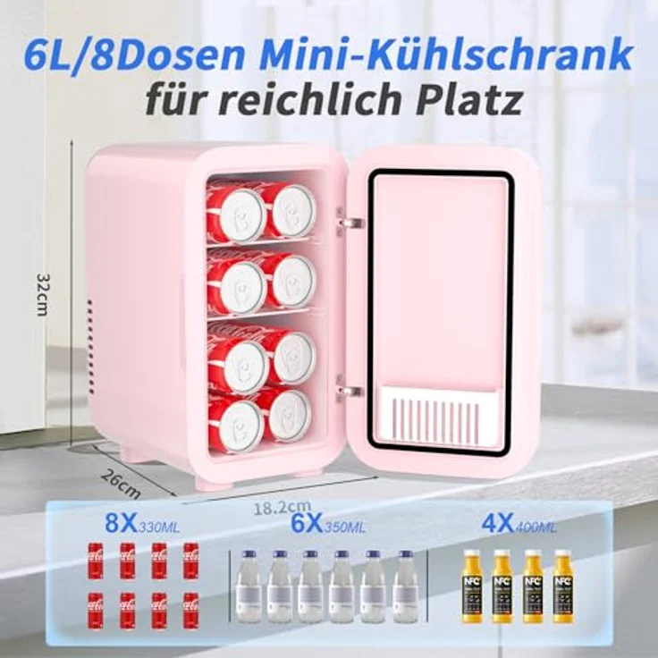 YASHE Mini-Kühlschrank 6 Liter, tragbarer thermoelektrischer Kühler für Lebensmittel und Hautpflege, pink, AC/DC, geräuscharm – Bild 2