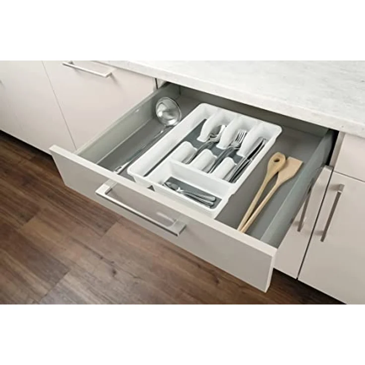 WENKO Besteckkasten Anti-Rutsch 5 Fächer, Schubladen-Einsatz für Besteck, aus stabilem Kunststoff mit rutschfesten Fächern, 26,5 x 36,5 x 5 cm, Weiß/Grau – Bild 3