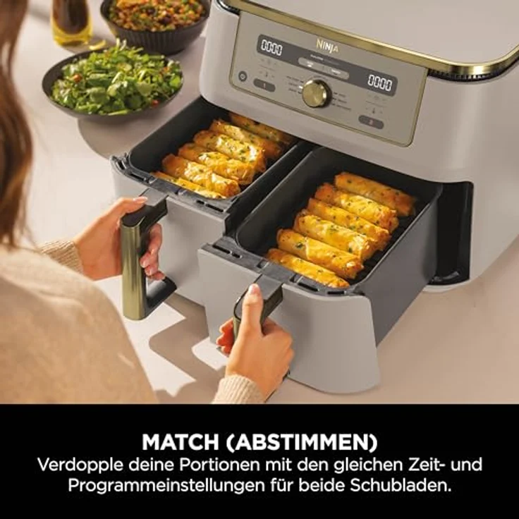 Ninja DZ400EUSTGD Dual Zone Digital Air Fryer, 2 Schubladen, 6-in-1 Heißluftfritteuse, 9,5L, Stone Gold, spülmaschinenfeste Körbe, Max Crisp, Rösten, Backen, Aufwärmen, Dörren – Bild 4