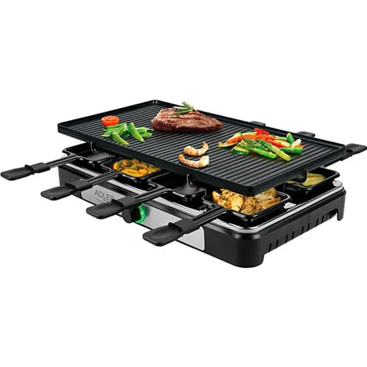 ADLER - Elektro-Raclette-Grill komplett mit Pfännchen - Rauchfreies Barbecue im modernen Stil für 8 Personen - Große Grillfläche - Elektrischer Grillrost - zum Anbraten von Speisen – Bild 2