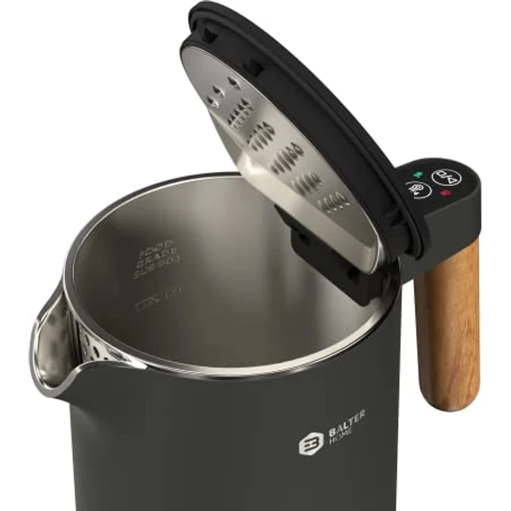 BALTER Edelstahl Wasserkocher mit Temperatureinstellung, 45°C-100°C, Doppelwand, BPA frei, leise & kabellos, Warmhaltefunktion, Teekocher mit Temperaturanzeige, 1.5L, 2200W, Schwarz (Blue Gray) – Bild 4
