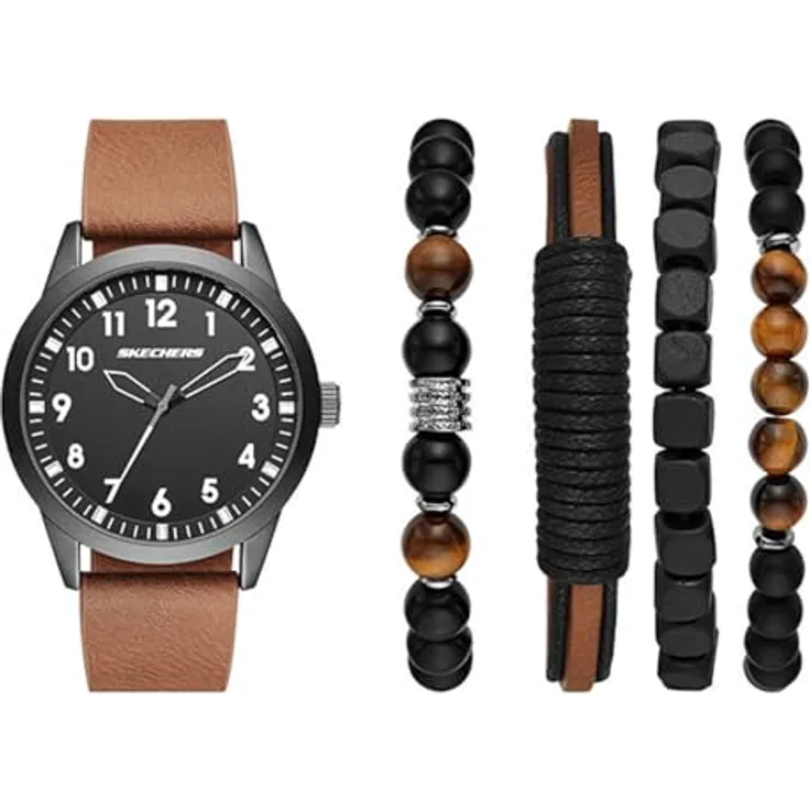 Skechers Herren Analog Quarz Uhr SR9065, 44-mm-Gehäuse, braunes Polyurethan Armband, wasserdicht bis 30 m, Mineralglas