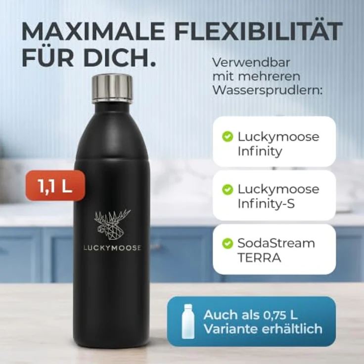 Luckymoose Infinity Edelstahlflasche für Wassersprudler, spülmaschinenfest, 0,75 bis 1,1 Liter, bruchsicher, für SodaStream DUO & TERRA – Bild 6
