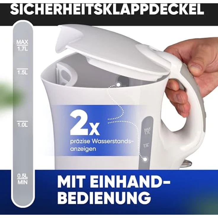 Bomann weiß WK 5011 CB Wasserkocher, 1,7 L, 2 außenliegende Wasserstandsanzeigen, Edelstahlheizelement, Kunststoff, 1.7 liters – Bild 4