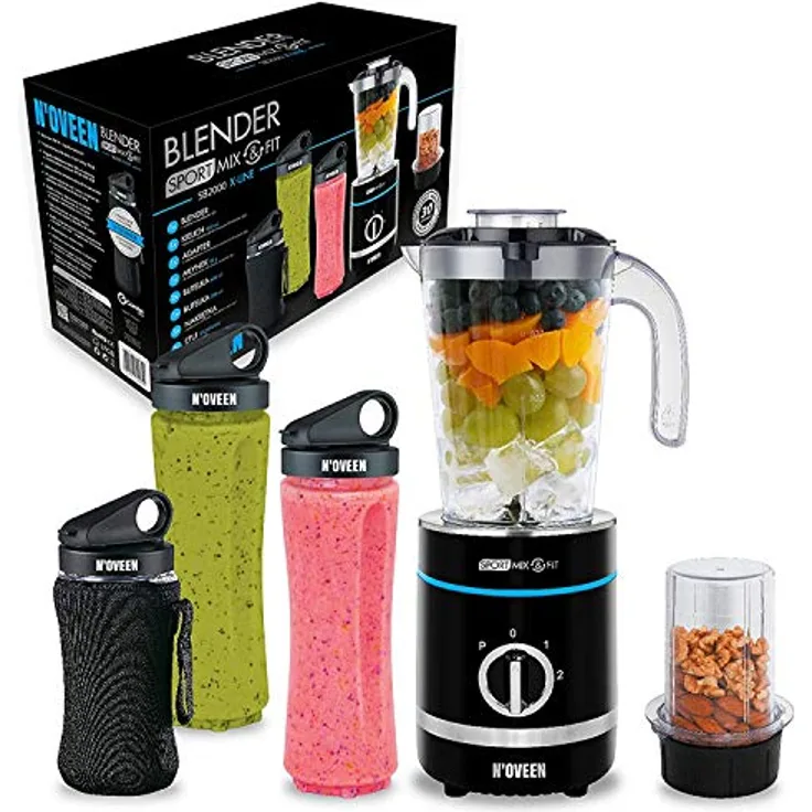 Noveen SB2000, Standmixer mit 500-Watt-Motor, 6-armiger Edelstahlklinge, 3 Flaschen und LED-Beleuchtung, Schwarz