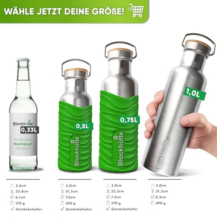 Blockhütte Edelstahl Trinkflasche 750ml I Auslaufsicher, BPA-Frei, Mit Silikonmantel, Thermosflasche für Kinder & Erwachsene, Kohlensäure geeignet – Bild 2