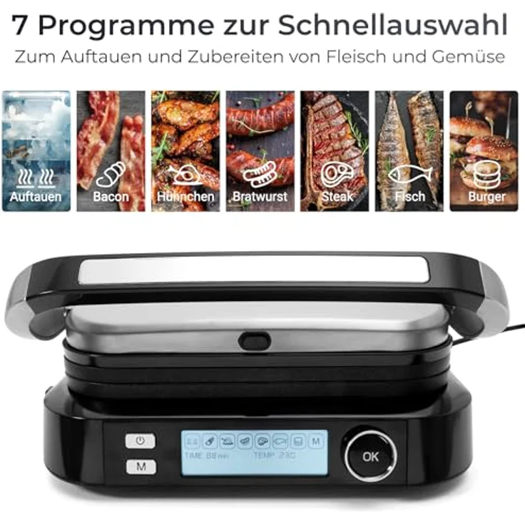 KLAMER Kontaktgrill 7 Automatikprogramme, abnehmbare Platten, Antihaftbeschichtung, 2100W, 2 Grillplatten, 7 Programme, Temp.-Regler, Antihaft – Bild 3