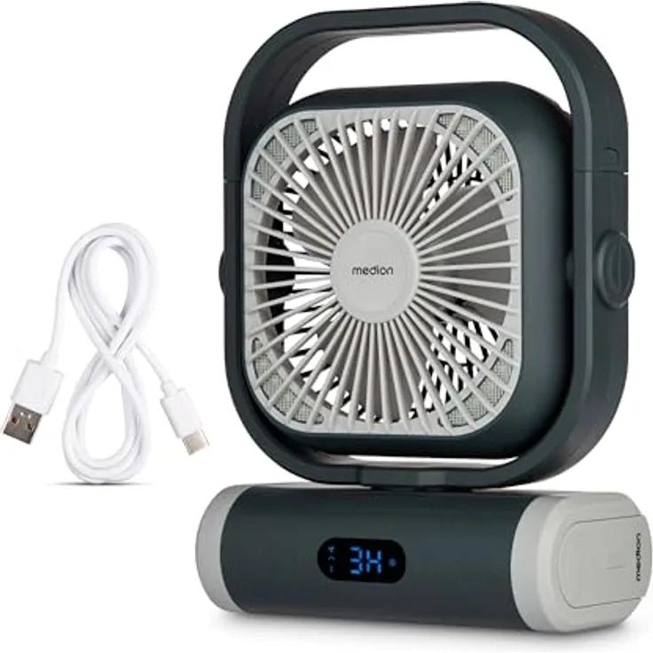 MEDION Tischventilator E10 TF, Camping-Ventilator mit 5 Geschwindigkeitsstufen, Fernbedienung, Oszillation, Akku, Powerbankfunktion und LED Licht