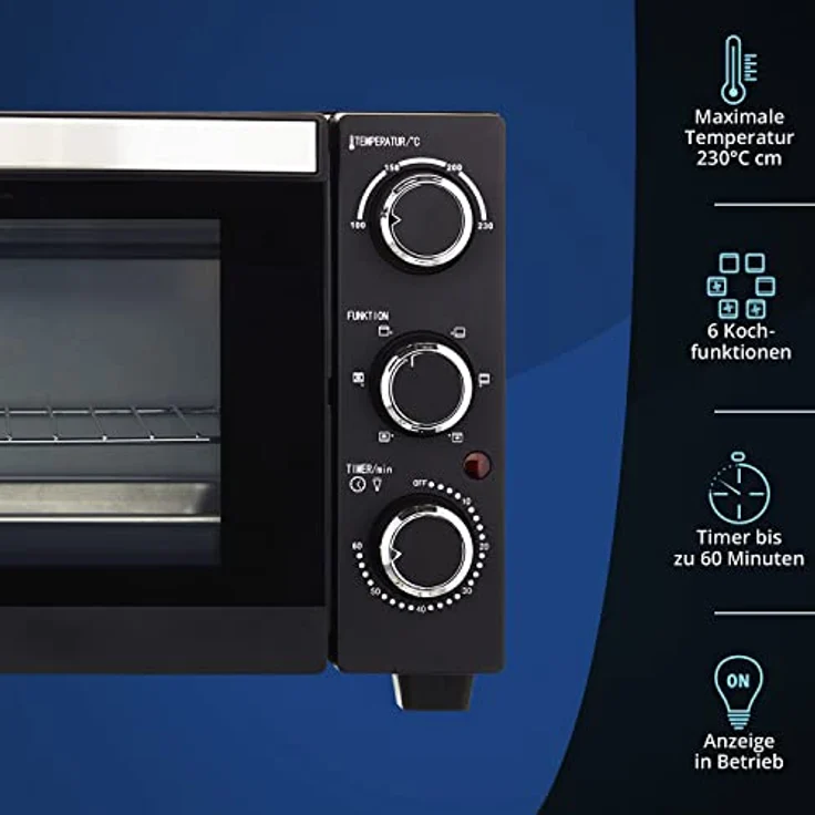 KHG Minibackofen MBO-15S, schwarzer Brotbackofen mit 15l Garraum, Umluft, Ober-/Unterhitze, 6 Funktionsstufen, 60min Timer, Innenbeleuchtung, inkl. Backblech und Grillrost – Bild 2