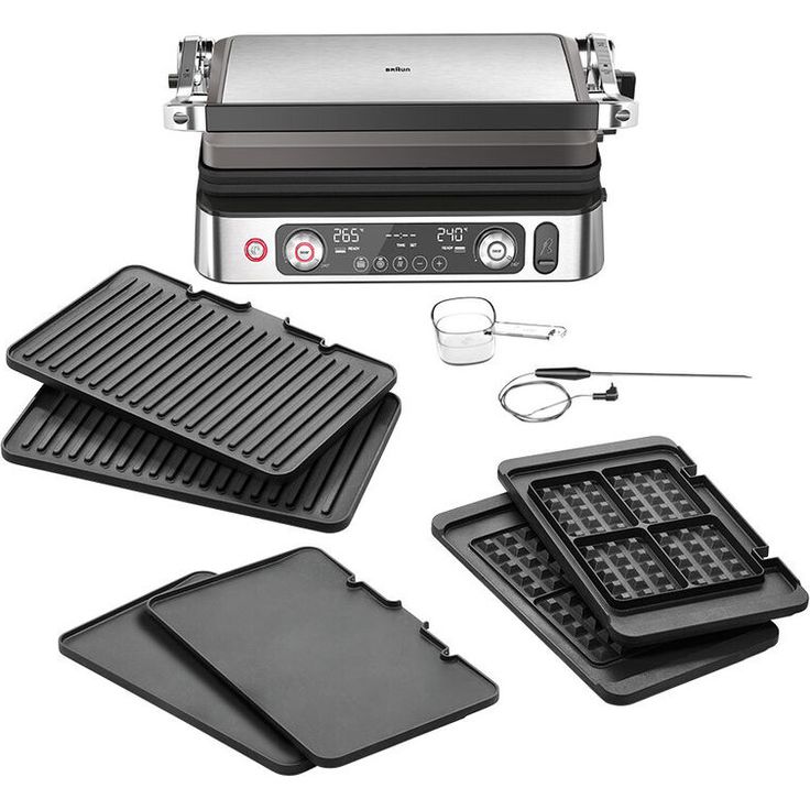 Braun Multigrill 9 Pro CG 9167, Elektrogrill mit 2 unabhängigen Thermostaten, 3 Kochpositionen, spülmaschinenfeste Platten, integrierte Thermosonde, 265° Höchsttemperatur, 2200 W, Schwarz/Edelstahl, 2 Grillplatten, 2 flache Platten und 2 Waffel Platten