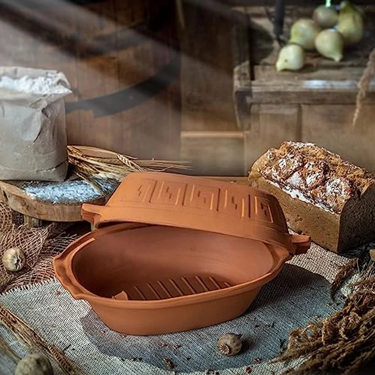 KADAX Tonbräter Augustus, Keramiktopf mit Deckel für Mikrowelle und Backofen, oval, 4L, Dampfgarer für fettfreies Kochen aus natürlichen Materialien – Bild 4