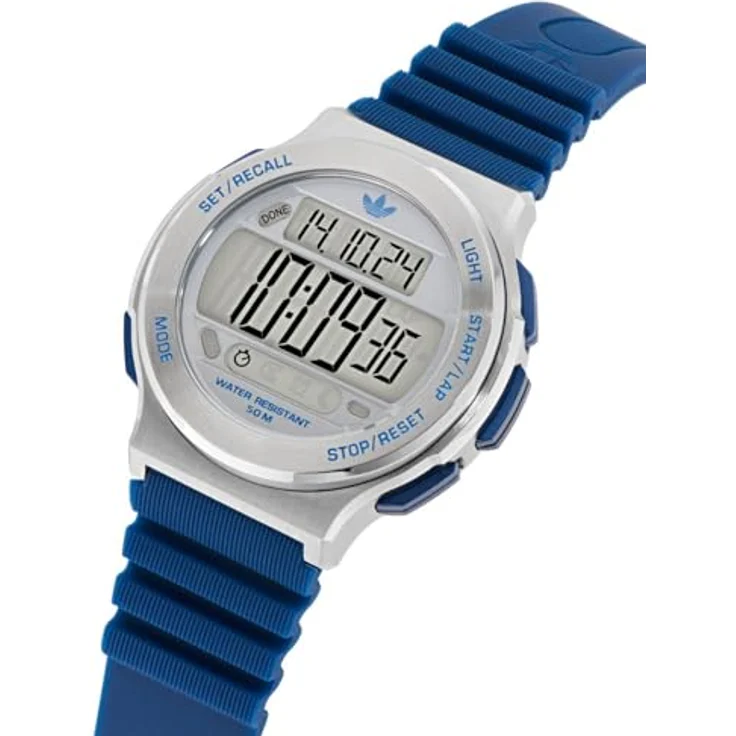 Adidas Originals Expression Three Digital, Unisex Quarz Armbanduhr mit Stoppuhr und Alarm, blau-silber, 44 mm Gehäusedurchmesser, wasserdicht bis 5 bars – Bild 2