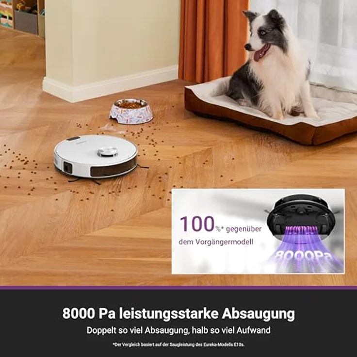 Eureka E20 Plus, Staubsaugroboter mit 8000 Pa Saugkraft, selbstentleerender Station, 180 Minuten Laufzeit, 3D Hindernisvermeidung, DuoDetect AI, weiß – Bild 5