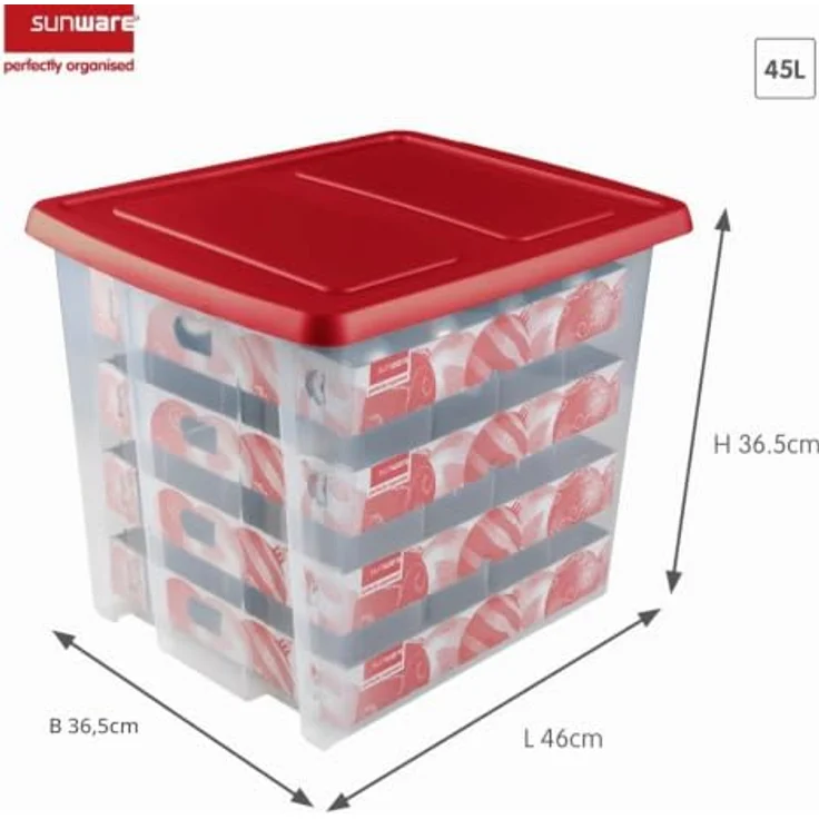 SUNWARE Nesta Weihnachtsbox 45 Ltr, Aufbewahrungsbox mit Tabletts für 64 Weihnachtskugeln (Ø70-80mm), transparent/rot – Bild 4