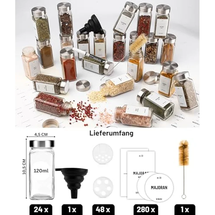 Deco haus® Gewürzgläser eckig, 24er Set mit Schraubkappen, lebensmittelecht, luftdicht, inkl. Etiketten & Streueinsatz – Bild 2