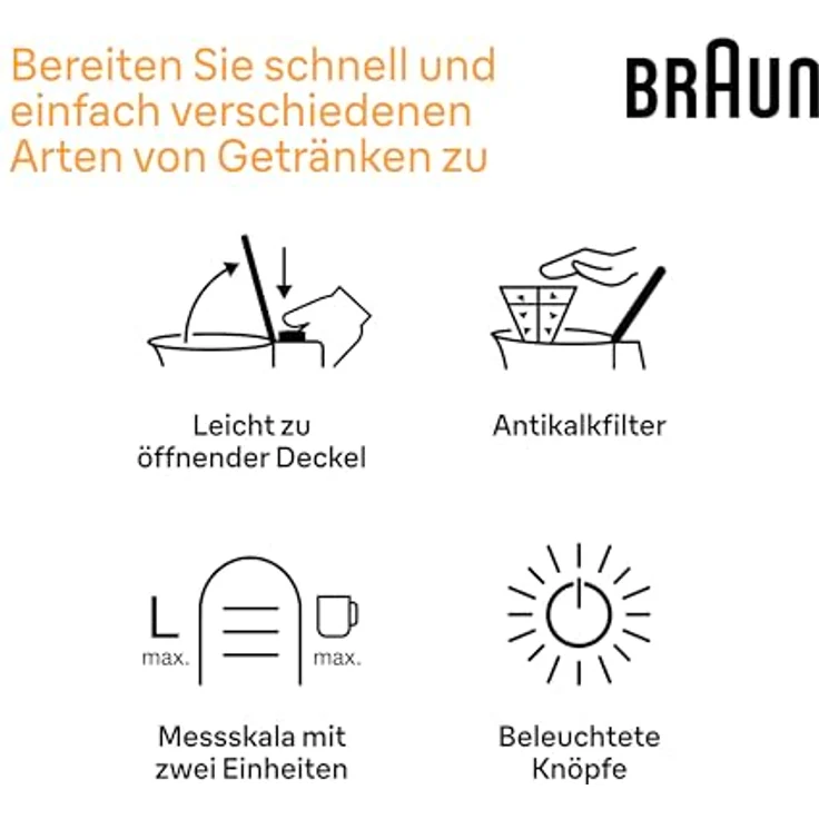 Braun WK1500BK Wasserkocher, 2200 Watt, 1,7 Liter, Temperaturanzeige, Abschaltautomatik, silber, schwarz – Bild 4
