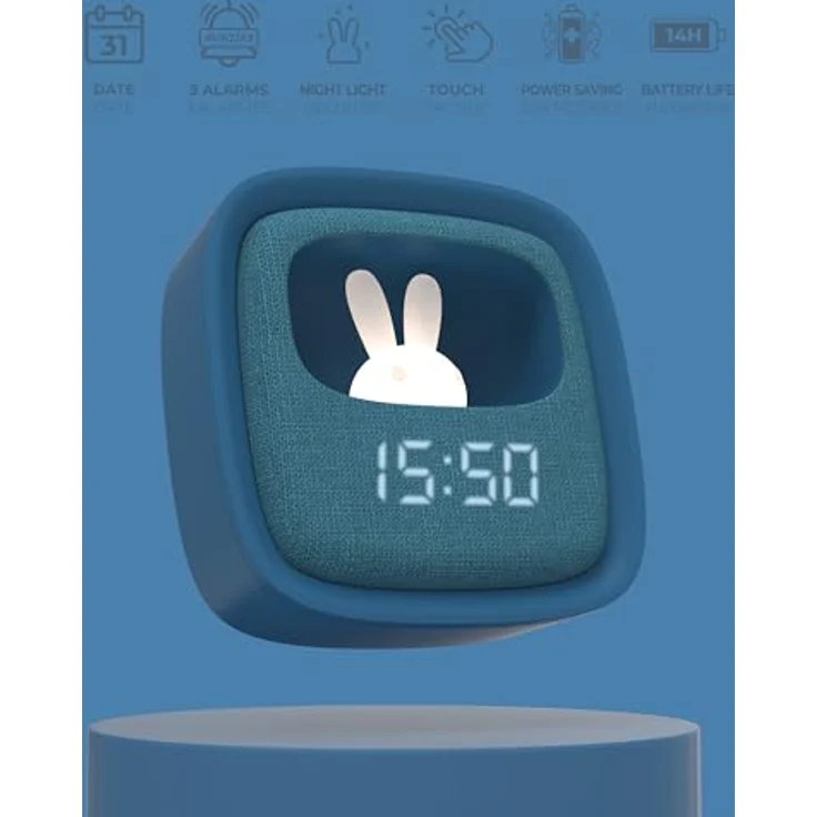MOBILITY ON BOARD Billy Clock, Wecker und Nachtlicht für Kinder mit Kaninchenmotiv, 3 Alarme, Touch-Dimmung, blau – Bild 4