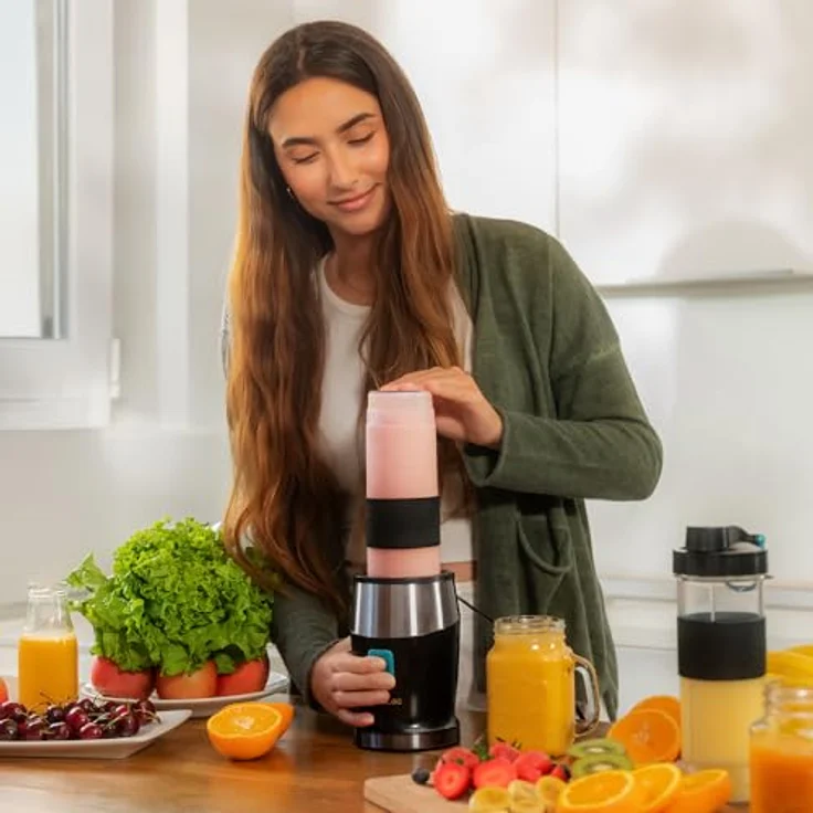 Cecotec Tragbarer Standmixer Power Titanium 900 ProGo, 900W, 2 Tragbare Becher à 570ml, 4 Titanbeschichtete Klingen, Ergonomischer Griff, Einfach zu reinigen – Bild 4