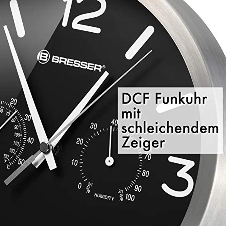 Bresser Funkuhr Wanduhr MyTime ND Thermo-Hygro mit geräuschlosem Funkuhrwerk, Edelstahlrahmen und Anzeige für Temperatur und Luftfeuchtigkeit, schwarz, 250x250mm – Bild 4