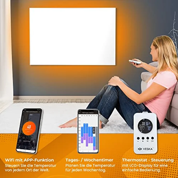 Infrarotheizung inkl. Thermostat APP-Funktion Wifi Fernbedienung und Timer - 10 Jahre Garantie - Deutsche Qualitätsmarke - Wandheizung Elektro Heizung, Überhitzungsschutz, TÜV/GS (450, Watt) – Bild 3