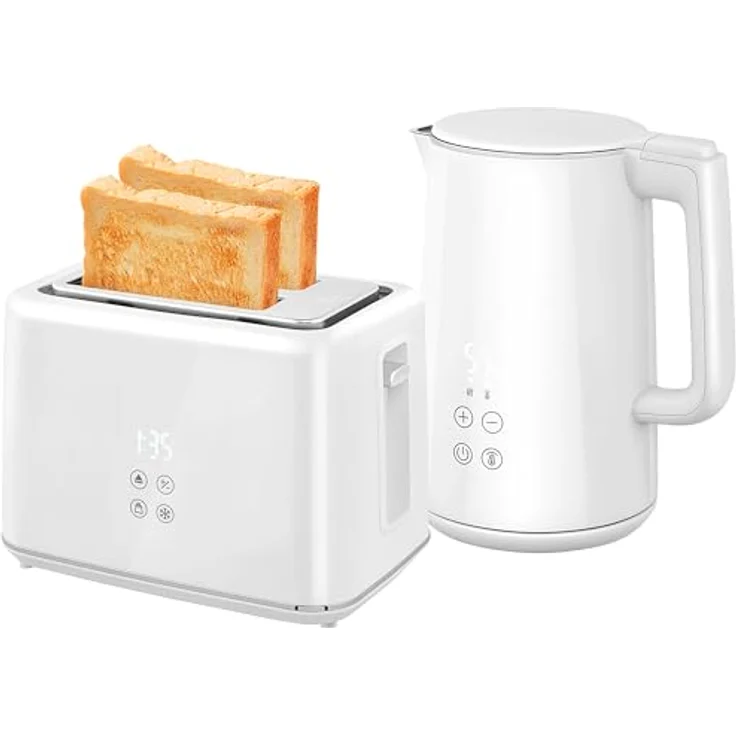 HOMCOM Toaster Wasserkocher Set, 1,5L Wasserkocher mit 2200W und 7 Temperatureinstellungen, Toaster für 2 Scheiben mit 7 Bräunungsstufen, Weiß – Bild 1