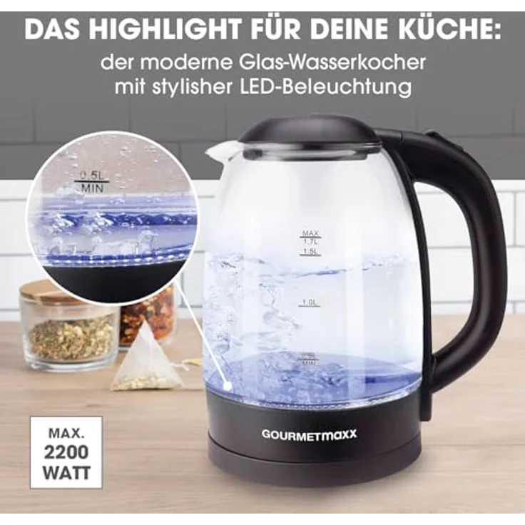 GOURMETmaxx Glas-Wasserkocher mit LED-Beleuchtung 1,7 l | Modernes Design, kabellose Flexibilität & automatische Abschaltung | Wasserstandsanzeige | Perfekt für Tee [Schwarz] – Bild 2