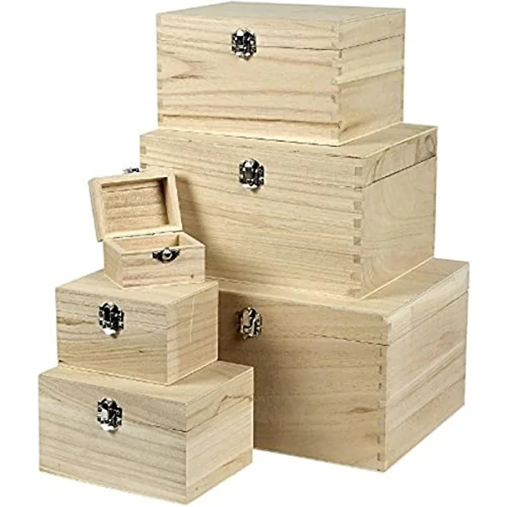 Creativ Box aus Holz, quadratisch, mit Metallverschluss, Klappdeckel 1, 6 Stück