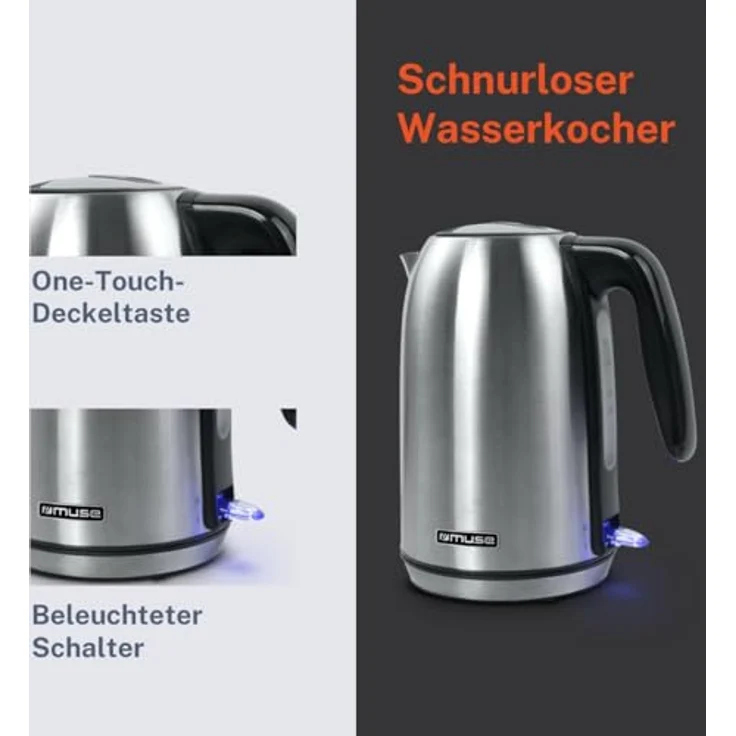 Muse Edelstahl Wasserkocher 1.7L, BPA-frei, 2200W, isolierter Griff, beleuchteter Schalter, herausnehmbarer, waschbarer Filter – Bild 4