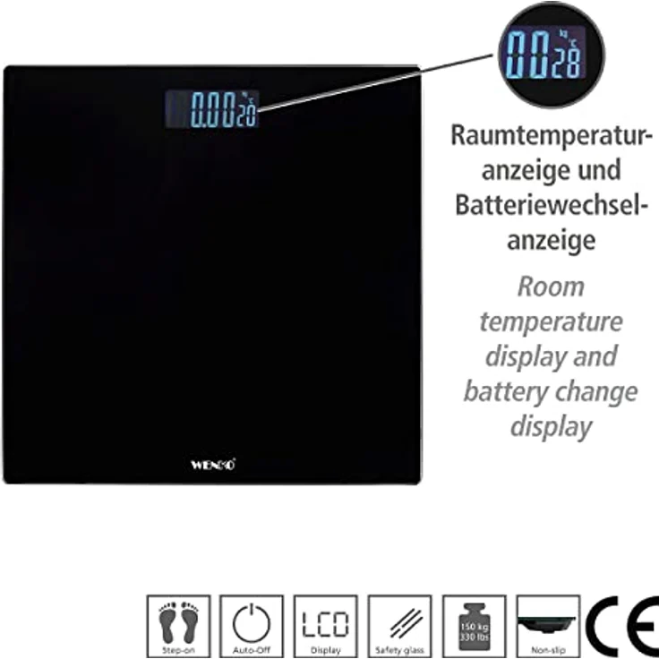 Wenko Personenwaage LCD Schwarz, digitale Körperwaage mit LCD-Display – Bild 3