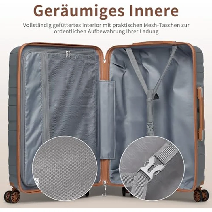 KONO 65 cm Mittelgroß Koffer, leichter Reisekoffer aus 100% Polypropylen mit 4 Rollen, TSA Schloss, grau-braun – Bild 5