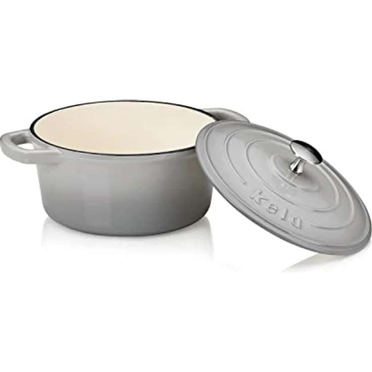 kela 12606 Bräter mit Deckel, Gusseisen, Emaille-Beschichtung, Hohe Wärmespeicherung, Induktionsgeeignet, 4 Liter, Grau, Rund, Calido – Bild 2