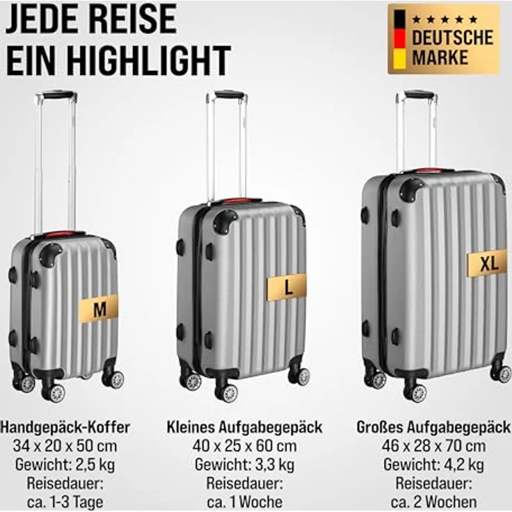 MONZANA® 3tlg. Kofferset Hartschalen Koffer M-L-XL Silber mit Organizer, Kofferwaage, Zwillingsrollen, Gel-Griffe und Standfüße – Bild 4