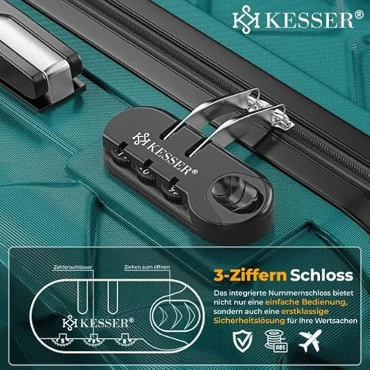 KESSER® Reisekoffer 84L ABS Hartschalenkoffer mit Zahlenschloss, Kofferwaage & Reisebrieftasche, 360° Rollen, Rollkoffer für Business & Reise in Petrol Teal – Bild 3