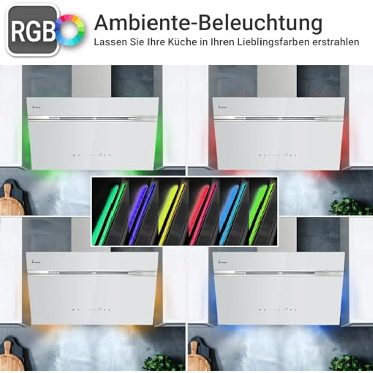 KKT KOLBE A+++ Dunstabzugshaube AURORA9005WED, 90 cm, 782 cbm/h, kopffrei, Weiß Silber Glas, mit Smart WiFi, SensorTouch und RGBW LED-Beleuchtung – Bild 2