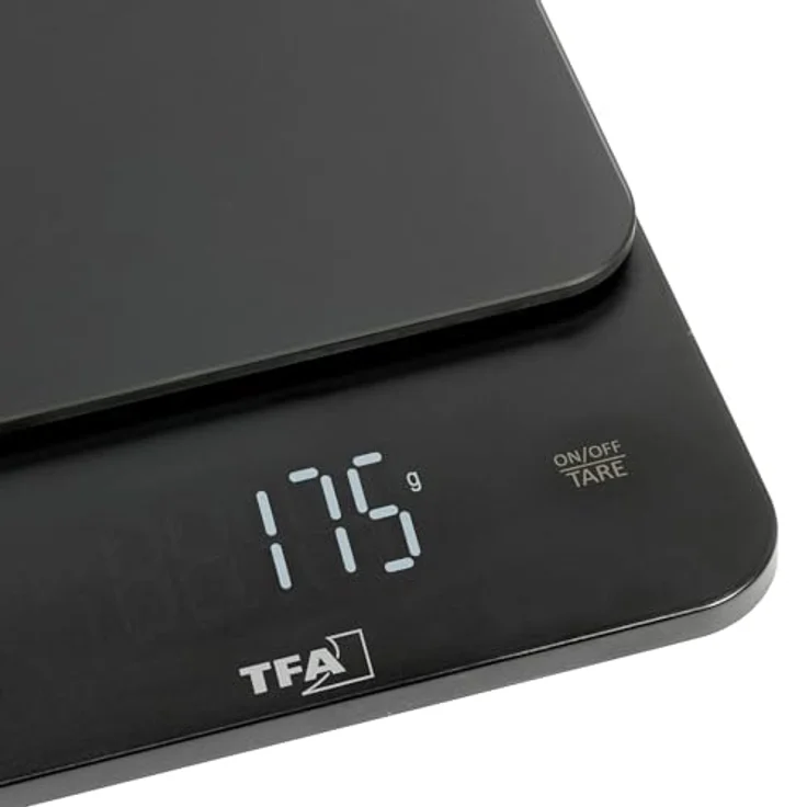 TFA Dostmann Digitale Küchenwaage BROWNIE, bis 5 kg, Glasoberfläche, sensorgesteuertes LED-Display, Tara-Funktion, flach und kompakt, schwarz – Bild 3