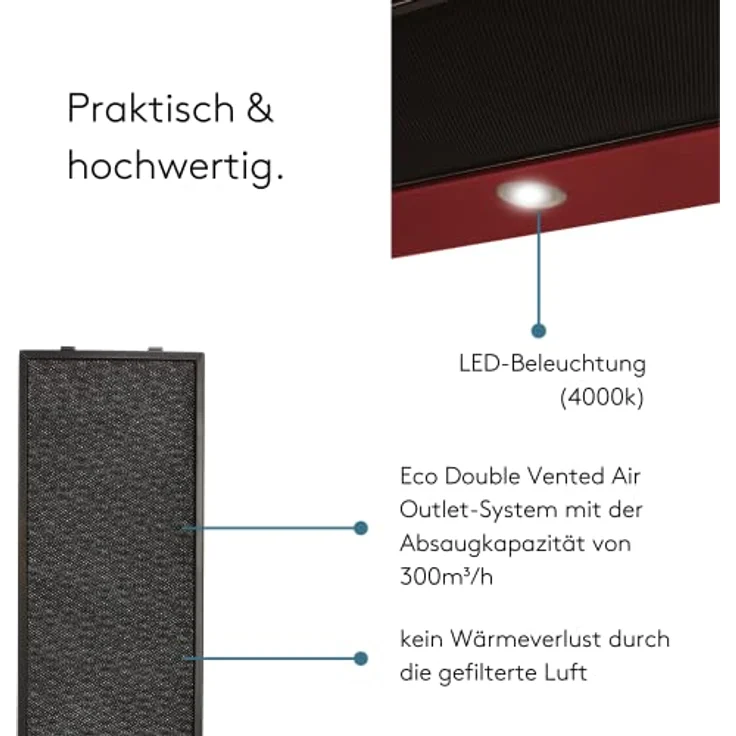 Wiggo Dunstabzugshaube 60cm WE-632R rot I Flachschirmhaube für Abluft oder Umluft Dunstabzug 300m³/h mit LED-Beleuchtung I Einbau-Dunstabzugshaube inkl. Fettfilter & 2× Kohlefilter – Bild 3