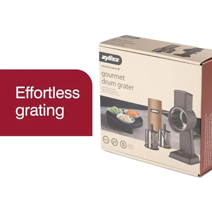 Zyliss E900057 Alu Trommelreibe Set, Käsereibe mit Kurbel, 3 Edelstahl Trommelklingen, Gemüseschneider, 5 Jahre Garantie – Bild 2