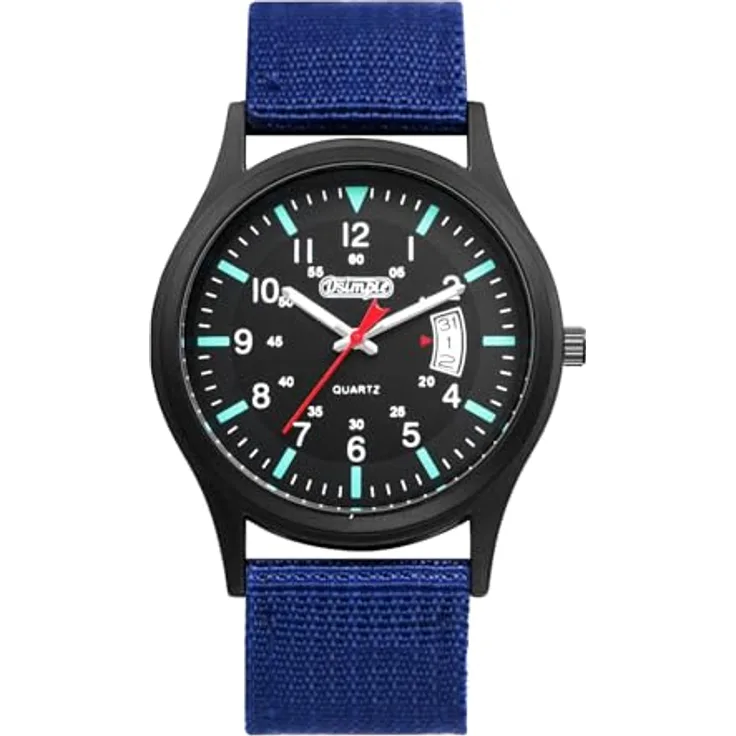 JewelryWe Herrenuhr Militär, Leuchtende Quarz Armbanduhr mit schwarzem 12/24-Stunden Zifferblatt, blauem Nylonarmband und Datumsanzeige
