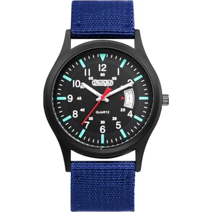 JewelryWe Herrenuhr Militär, Leuchtende Quarz Armbanduhr mit schwarzem 12/24-Stunden Zifferblatt, blauem Nylonarmband und Datumsanzeige – Bild 1