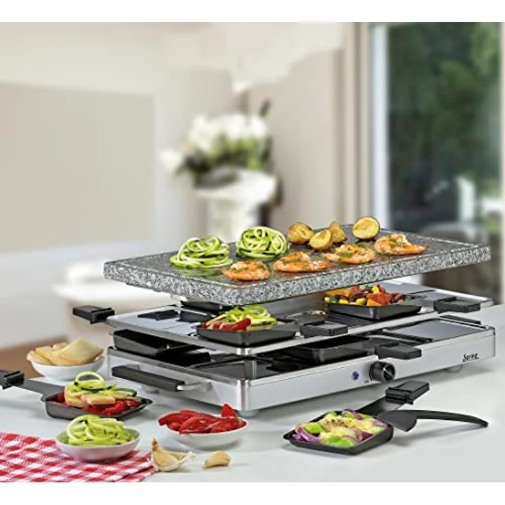Spring CLASSIC Raclette 8 Personen, Granit-Grillplatte, Heißer Stein mit Saftrille, 8 Raclette Pfännchen, 8 Raclette Schaber, mit Abstellebene, 48 × 27 × 14,5 cm, 1200W, Raclette Grill – Bild 2