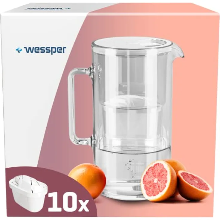 Wessper 3in1 Glaskaraffe-Glaskanne-Glas Wasserfilter Karaffe mit Filtersystem, Plus 10x Kalkfilter Wasserfilterkartuschen, Weiß, WES201
