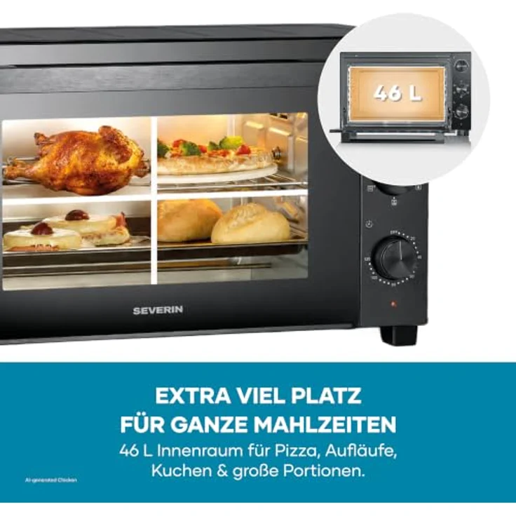 Severin TO 9025 Minibackofen, elektrisch mit 1800 W, schwarz, Grill- und Heißluftfunktion, höhenverstellbarer Grillrost – Bild 5