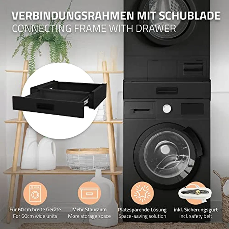 ML DESIGN modern living Verbindungsrahmen mit ausziehbarer Schublade, Stahl, 60,5x54cm, Schwarz, rutschfest, Universal Zwischenbaurahmen – Bild 2