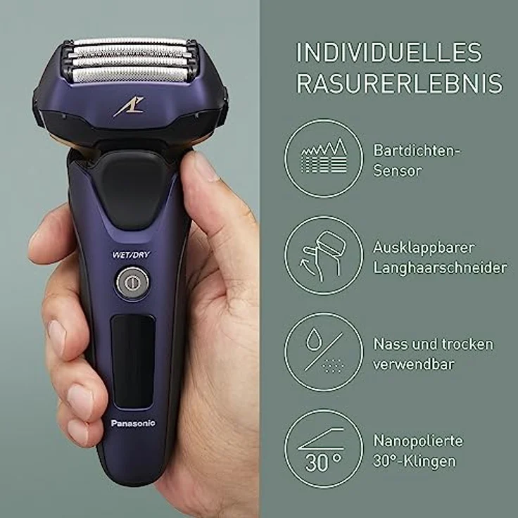 Panasonic ES-LV67-A803 Nass-Trocken Herren Rasierer, 5-fach-Scherkopf mit Linearmotor, inklusive Langhaarschneider, navy blau – Bild 4